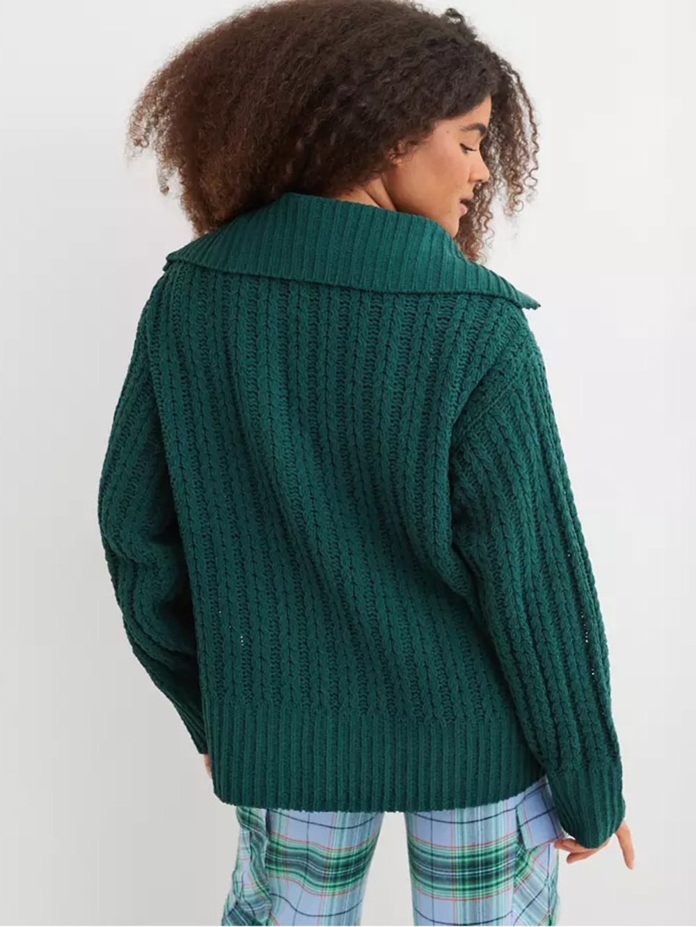 Aerie Cable Car Knit Quarter Zip Deep Forest Green Chenille Sweater L - Picture 3 of 13